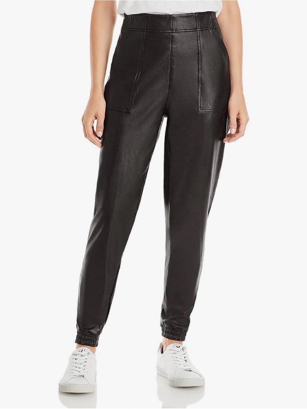 SPANX Black Faux Leather High Rise Jogger Pants Sporty Chic Casual Outfit Easy